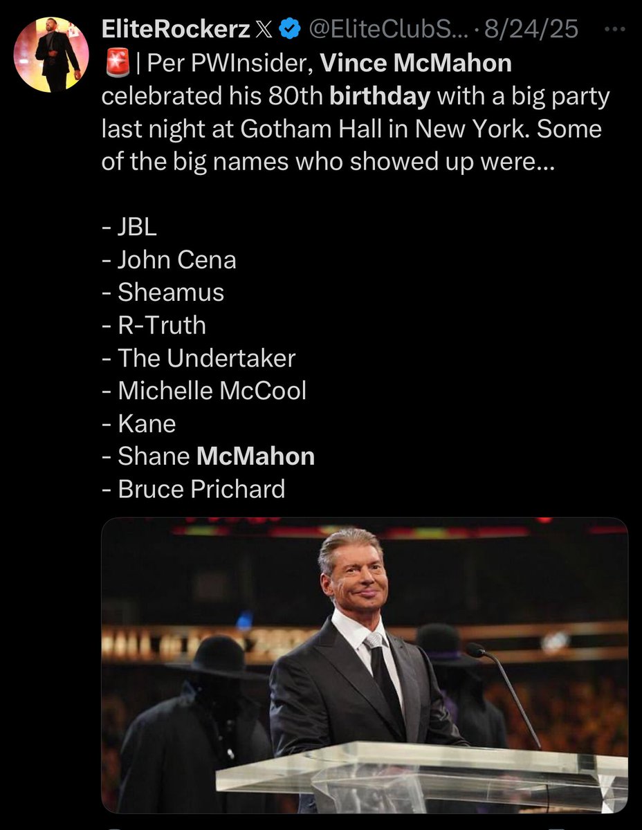 Kephfas's tweet image. More and more wrestlers have been revealed to have attended Vince McMahon’s 80th birthday celebration, in which Vince specifically tried to keep private to protect them.

Needless to say, he is respected by most of the IWC’s favorites, and I’m willing to bet that most of the…