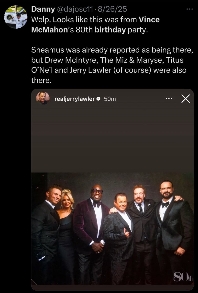 Kephfas's tweet image. More and more wrestlers have been revealed to have attended Vince McMahon’s 80th birthday celebration, in which Vince specifically tried to keep private to protect them.

Needless to say, he is respected by most of the IWC’s favorites, and I’m willing to bet that most of the…