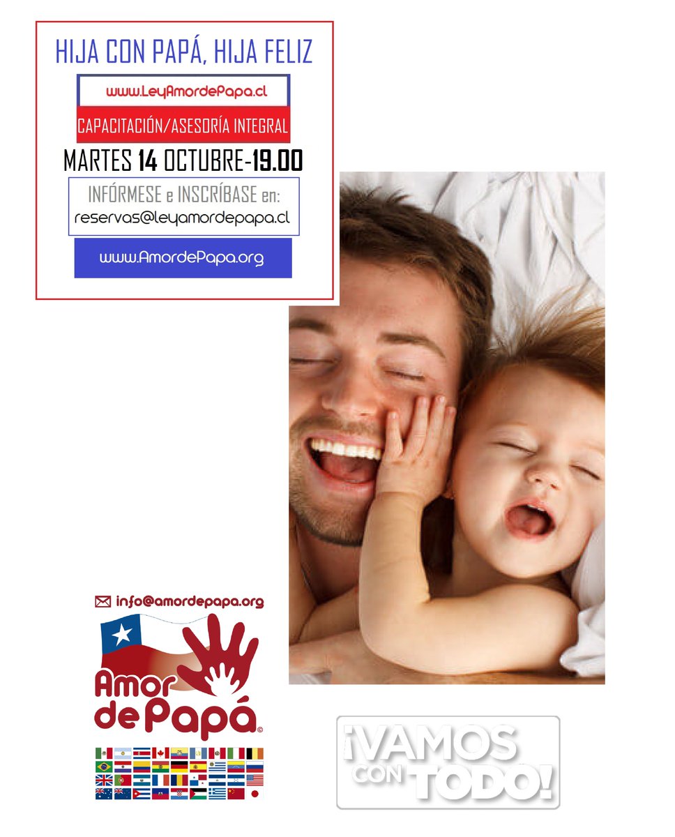 AmordePapa's tweet image. ¿HASTA CUÁNDO ESPERARÁ PARA ACCIONAR EFICIENTEMENTE?

SABEMOS TOMAR EL CAMINO CORRECTO PARA DEFENDER CON TODO LOS DERECHOS DE NUESTROS HIJOS

 DEFIENDA SUS DERECHOS AL LADO DE QUIENES HICIERON REALIDAD LA #LEYAMORDEPAPÁ
 
 INFÓRMESE escribiendo a reservas@leyamordepapa.cl