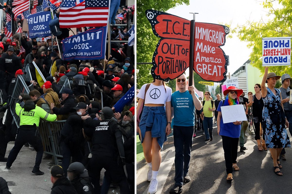 chunterkap's tweet image. One of these is a riot, the other is not.

#January6thInsurrection  #PortlandProtest