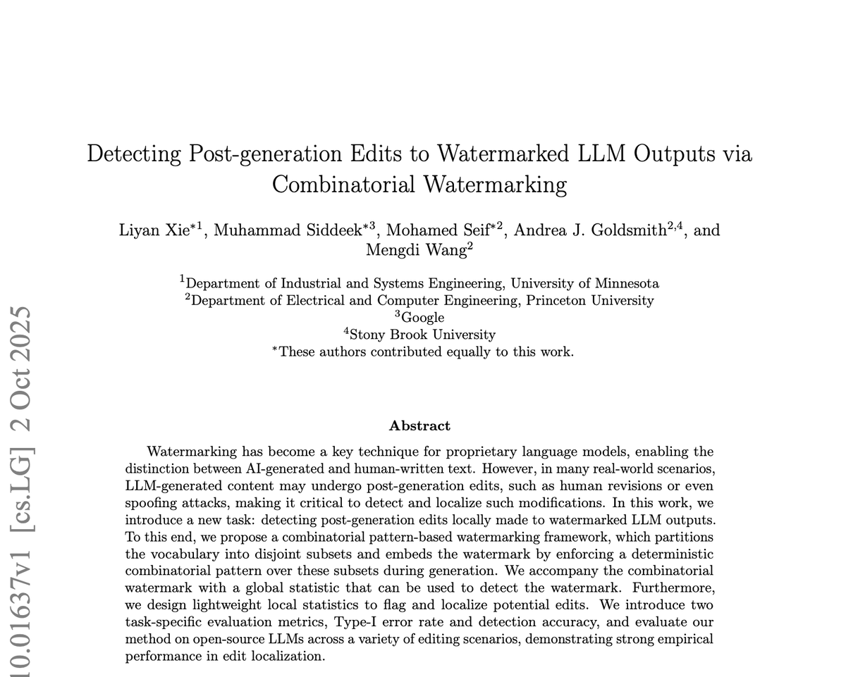 MengdiWang10's tweet image. AI wrote it. Humans edited it. We caught them both. 😎
Our new paper shows how to trace edits between AI and human hands — even after serious remixing!

👉 “Detecting Post-generation Edits to AI-Generated Text” arxiv.org/abs/2510.01637
#AI #NLP #LLMs #AITransparency #AIResearch…