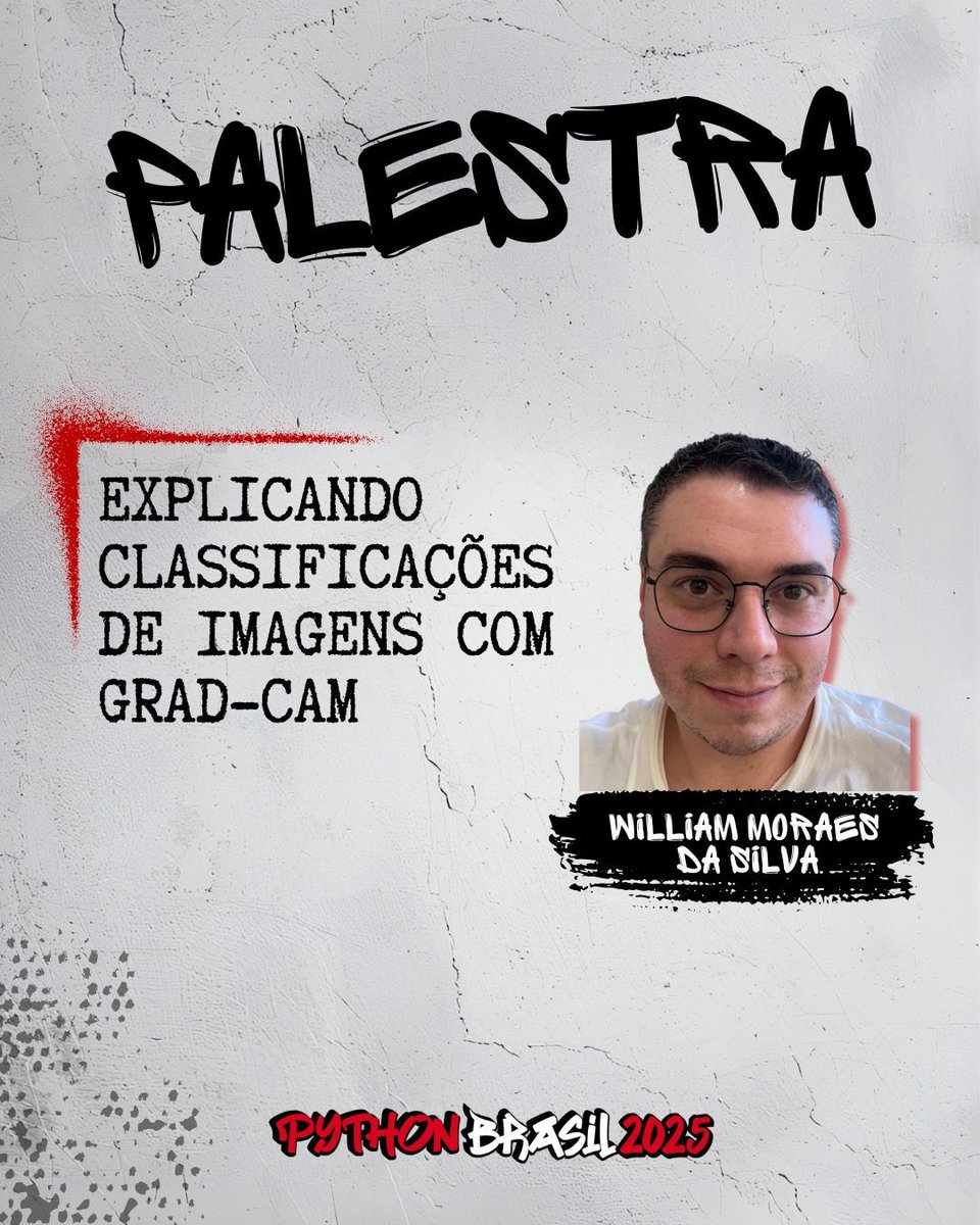 pythonbrasil's tweet image. Palestra
Explicando Classificações de Imagens com Grad-CAM - William Moraes da Silva
Redes Neurais não são caixas-pretas! Com Grad-CAM, visualize os pontos de atenção do modelo na imagem e torne classificações mais confiáveis e explicáveis.
#python #pythonbrasil #pybr2025