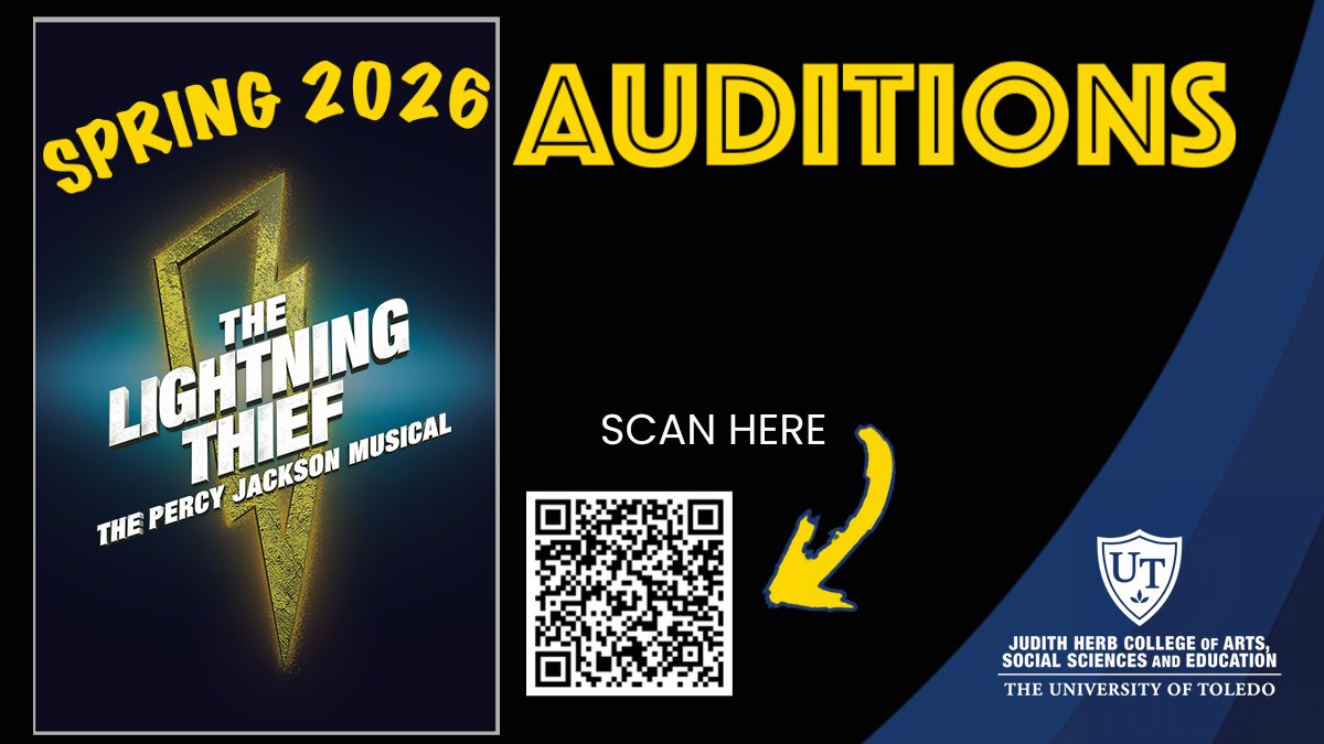 UToledoJHCASE's tweet photo. Ever thought about singing and dancing - on stage?! Time to show us what you've got! Auditions are THIS WEEK for the UToledo Theatre and Film Department production of THE LIGHTNING THIEF, A PERCY JACKSON MUSICAL. Auditions are on Wednesday and Thursday, Oct. 8-9. Register today and sign up ASAP for an audition time slot in the UToledo Center for Performing Arts.
Audition preparation details and registration are available on the auditions webpage of the UToledo Department of Theatre and Film.
#UToledoTheatre #UToledoTheatreAuditions #UToledoLightningThief