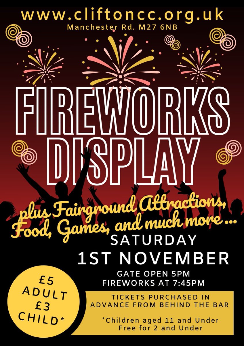 CliftonCC's tweet photo. 🎆 Fireworks Display November 1st! 🎆 Join us for a spectacular night of fireworks, fairground attractions, food, games, fun for the family! 
🕔 Gates open: 5:00pm
🎇 Fireworks: 7:45pm
🎟️ Tickets (Now on General Sale from Bar Only):
£5 Adults | £3 Children (Under 2s go free) https://t.co/wOjt4axUap