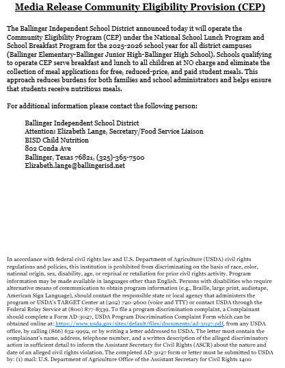 BallingerHigh's tweet image. Good news for our students at Ballinger ISD! edl.io/n2118435