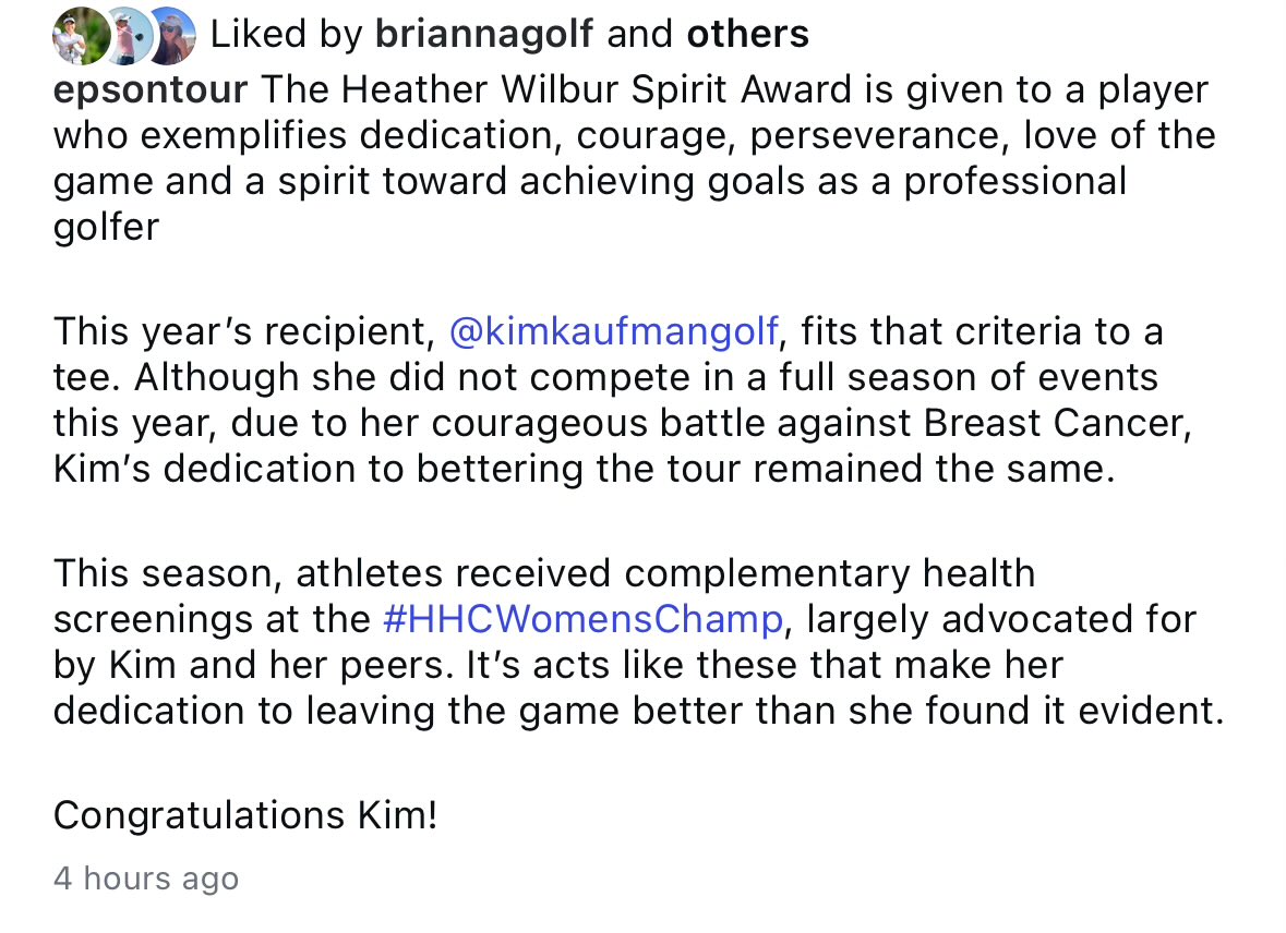 Congratulations <a href="/KimKaufmanGolf/">Kim Kaufman</a>. Began the year being treated for cancer, ended it back on tour.