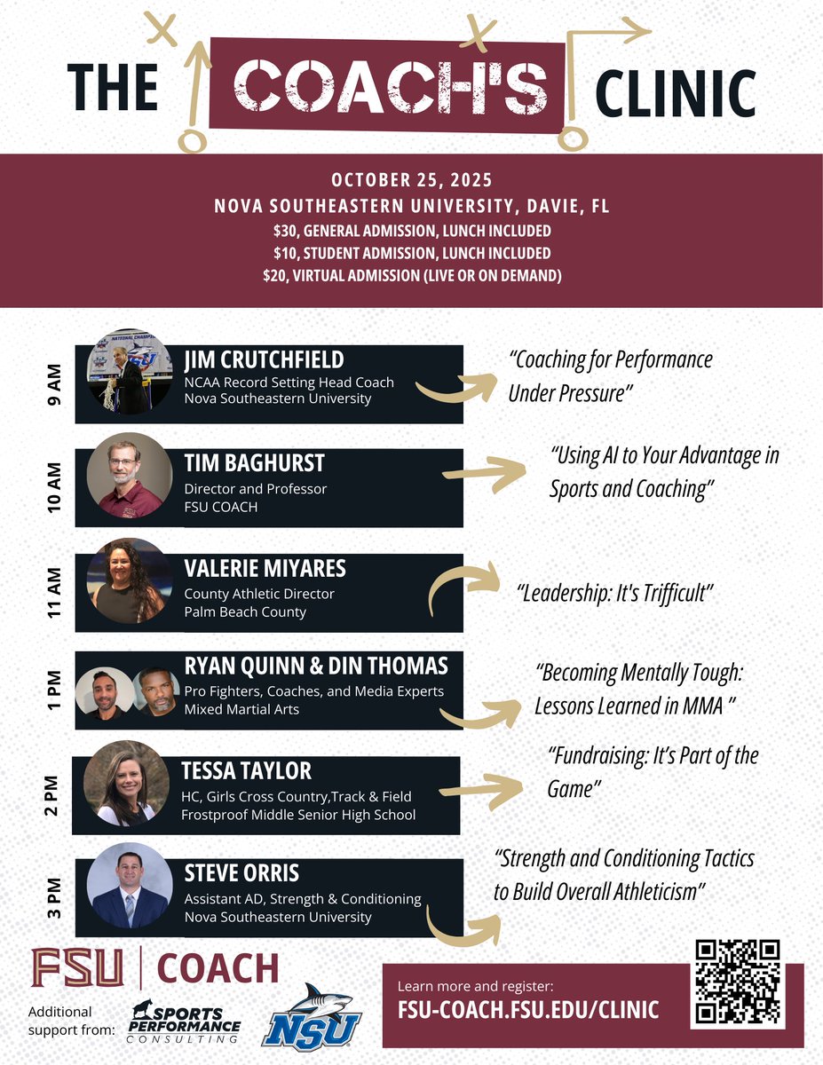 Florida Coach’s - Make plans to attend the 2025 Fall FSU Coach’s Clinc on October 25th at Nova Southwastern University in Davie, FL. Can’t make it in person? There is a live and on demand virtual option this year as well!  Hope to see you there! 🍢

<a href="/Baghurst/">Dr. Tim Baghurst</a>
