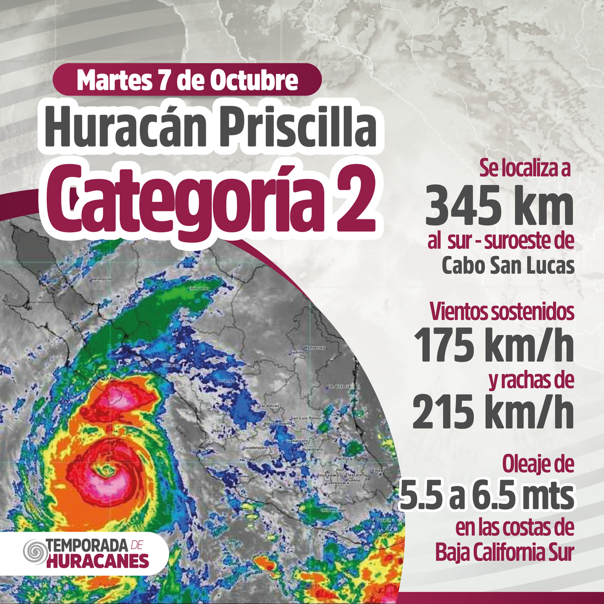 quirogamilena_'s tweet photo. El huracán Priscilla continúa su trayectoria hacia el norte como categoría 2. Seguimos atentos a su evolución; tomen precauciones ante las lluvias y manténganse informados por los canales oficiales. #HuracánPriscilla https://t.co/DfVXZKsDmo