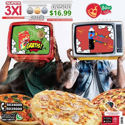 ItalianDeliX's tweet photo. ¡LA MEJOR PROMO DEL AÑO + UN REGALO SORPRESA!
¡3 PIZZAS AL PRECIO DE 1!
Desde solo $17,99

Elige tu tamaño favorito:
Clásica 3x1 (24 P)
Familiar 3x1 – ¡Más grandes para compartir!(30 P)
Extra Grande 3x1 - GRATIS UN JUEGO DE CARTAS UNO! (36 P)

https://t.co/2hHAs344d9 https://t.co/6iAnxbuX4l