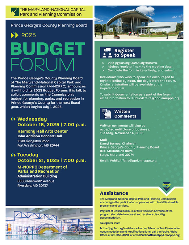 Share your input on M-NCPPC’s budget for planning, parks, and recreation in Prince George’s County at the <a href="/PGPlanningBoard/">Prince George's County Planning Board</a> 2025 Budget Forums! <a href="/PGPlanningMD/">Prince George's County Planning Department</a> <a href="/pgparks/">Parks & Recreation</a> 
Sign Up to Speak:
pgplanningboard.org/participate/si…