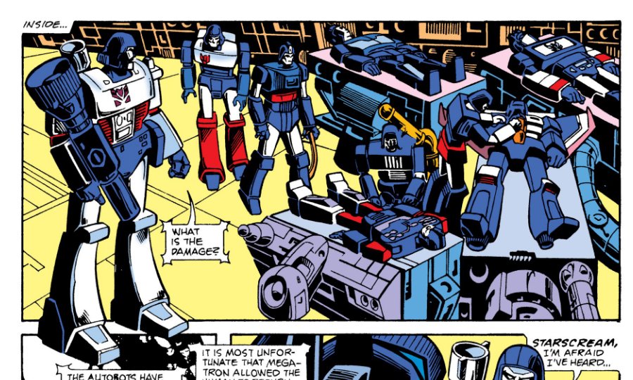 BWTF_Ben's tweet image. This scene featuring the Decepticons has two notable characters who are...not anyone we know? As a kid I thought perhaps these were the comic book versions of Reflector (maybe?). It's fun to speculate! #Transformers #Marvel #Hasbro #comicbooks