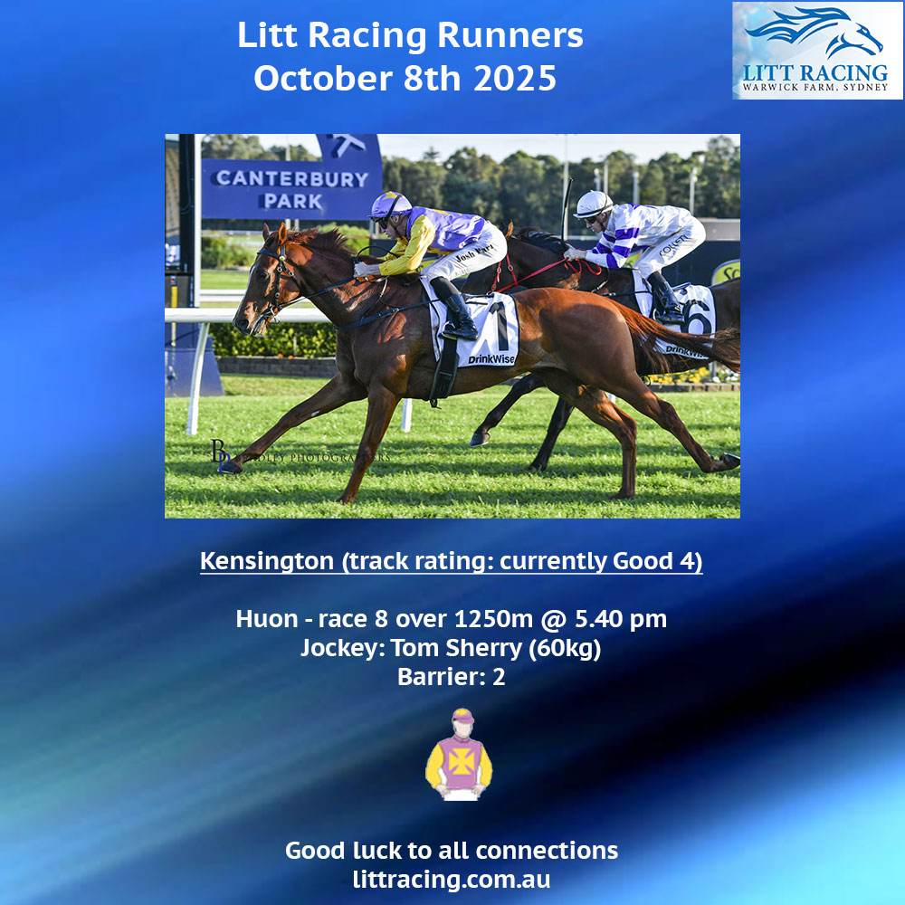 Team Litt heads to Kensington today with stable warrior HUON, who is third-up stepping up to 1250m. Good luck to all connections, jockey Tom Sherry, and our big red boy.