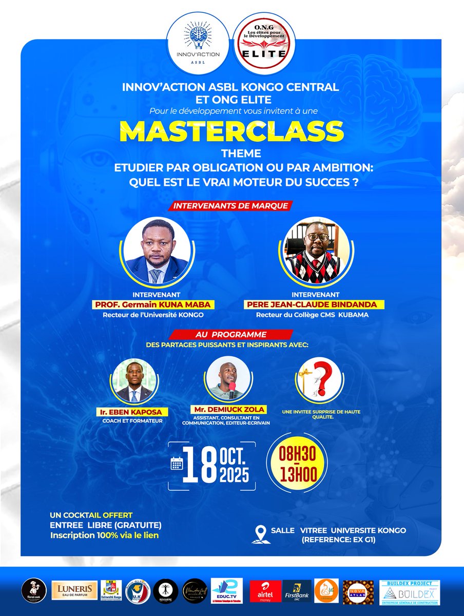 EbenKaposa's tweet photo. Masterclass  Kongo Central 
J’aurai l’honneur d’intervenir ce 18 octobre 2025 à l’Université Kongo autour d’un thème très inspirant 👇
Un moment d’inspiration et de partage ouvert à tous les jeunes d’ici et d’ailleurs.

Venez nombreux, la réussite commence par une vision claire ! https://t.co/uoVakuTMUR