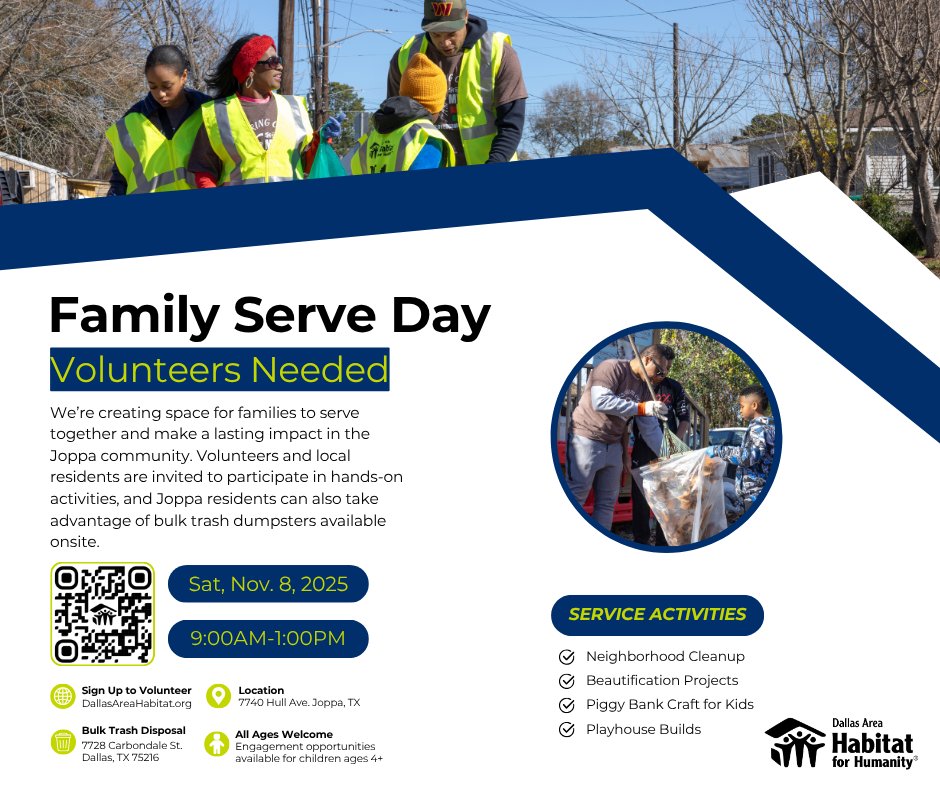 We’re teaming up with the Joppa community for Family Serve Day on Nov. 8! Join us for cleanup, beautification, crafts &amp; more. Volunteers &amp; local families welcome—let’s build a stronger Dallas together.
👉 Sign up to volunteer today: dallashabitat.volunteerhub.com/vv2/event/bf4e…