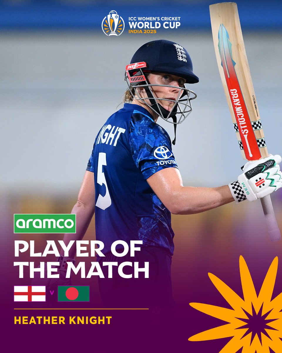 sourav18das's tweet photo. Heather Knight's resilient knock got England to their second win in #CWC25 👏

She wins the  POTM for her brilliant innings 🫡
#EngvsBan @Heatherknight55 https://t.co/N7jlyqDrcA