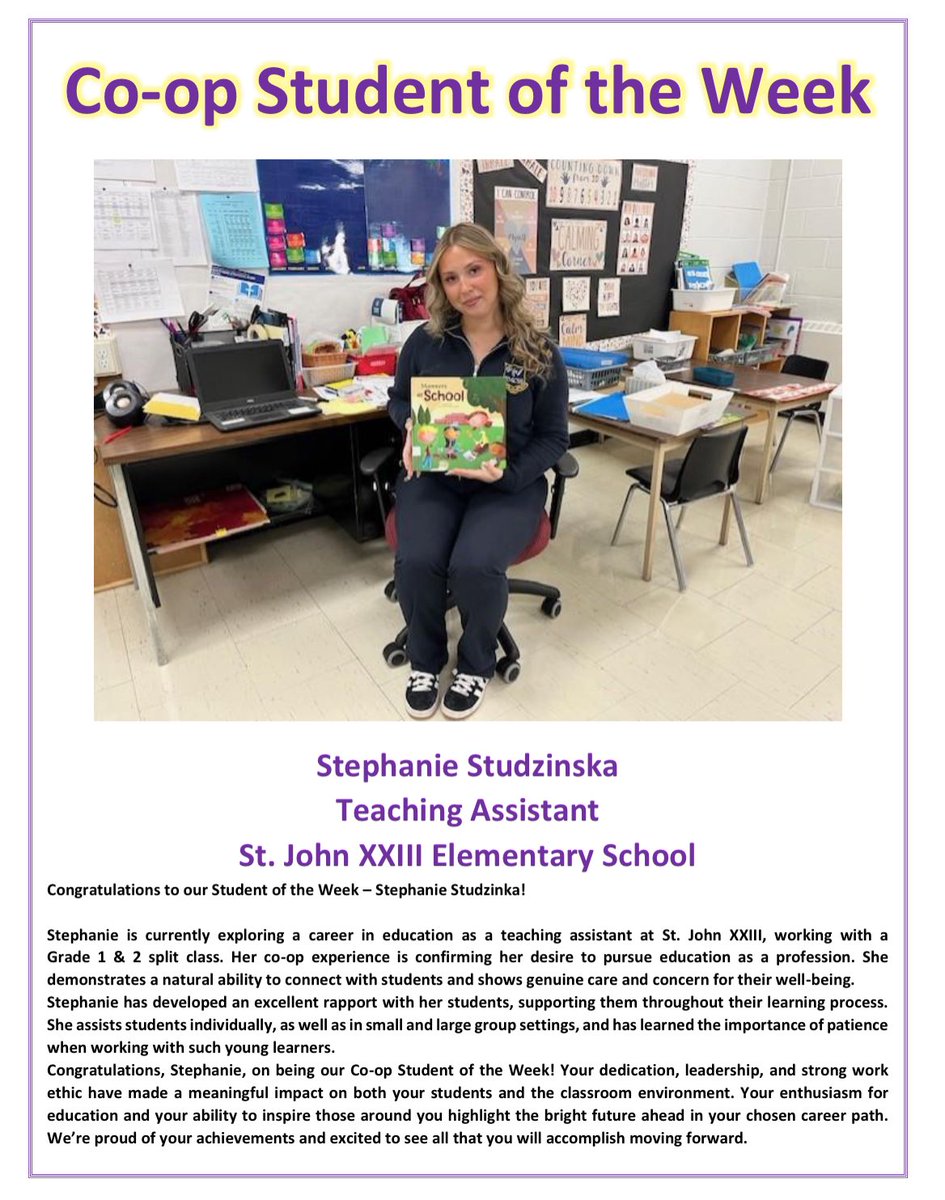 StMartinCSS's tweet image. Congratulations to our first Co-op Student of the Week for this school year - Stephanie Studzinska!
