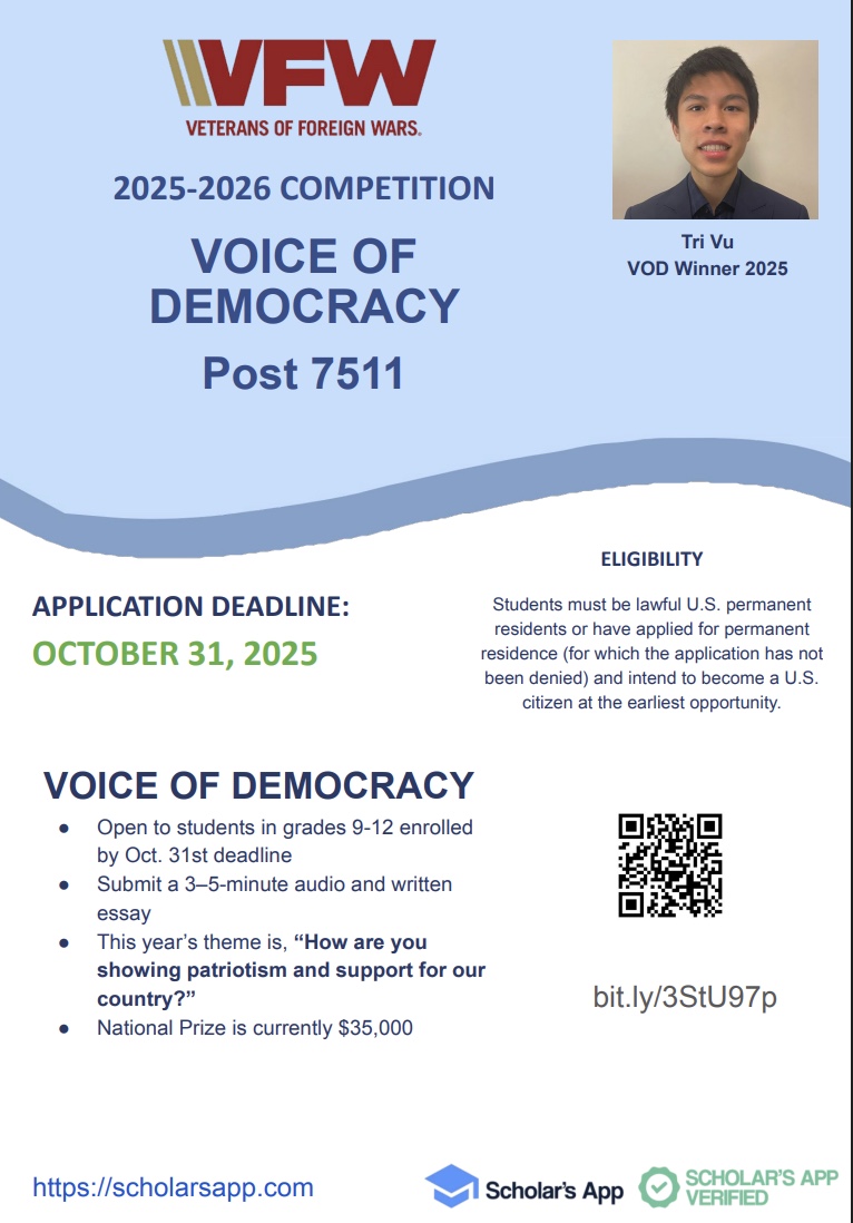 High schoolers interested in earning a scholarship: deadline for entry in the Voice of Democracy competition is October 31st. Submit your entry today!