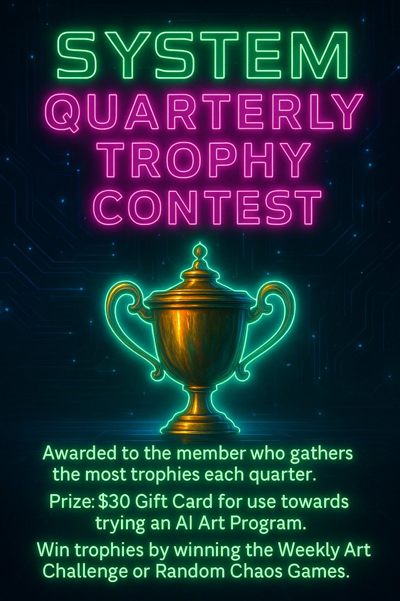 EcogoddessB's tweet image. 🚨 BIG ANNOUNCEMENT! Hello you beautiful SYSTEM Community members!! We strive to make this the best art community on X &amp;amp; to support our members as much as possible! Introducing:

🏆SYSTEM Quarterly Trophy Challenge!🏆

✨Collect trophies 🏆by winning the 🎨Weekly Art Challenge or…