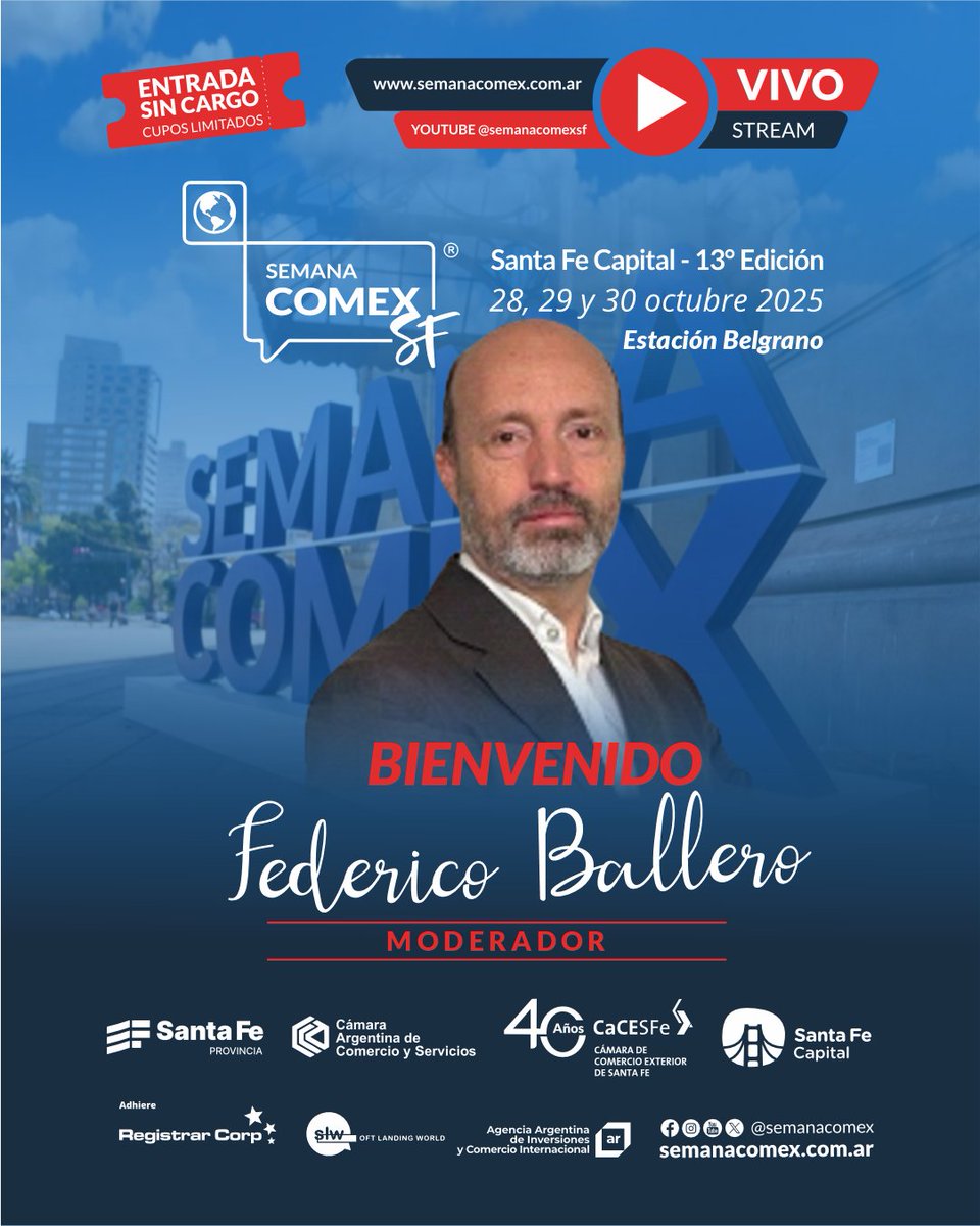 BIENVENIDO FEDERICO BALLERO
📷Te esperamos en nuestra 13º edición con más novedades
📷semanacomex.com.ar
Invitan
@gobsantafe @cacesfe @cacteinforma @santafecapitalok @registrar_corp
@promocionarg @CristianHoffmannok @ecam @federicoballero
#semanacomex