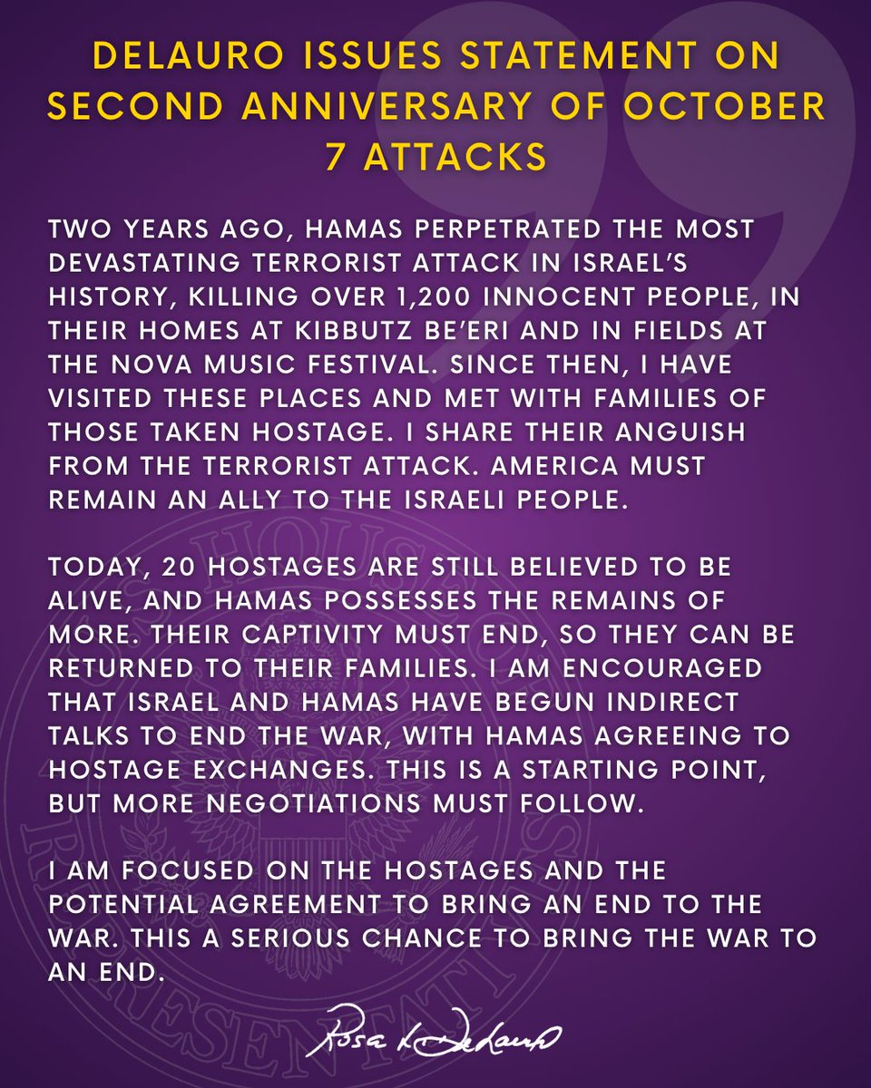 rosadelauro's tweet photo. My full statement on the second anniversary of the Hamas terror attacks on Israel. https://t.co/PFRatbHwnS