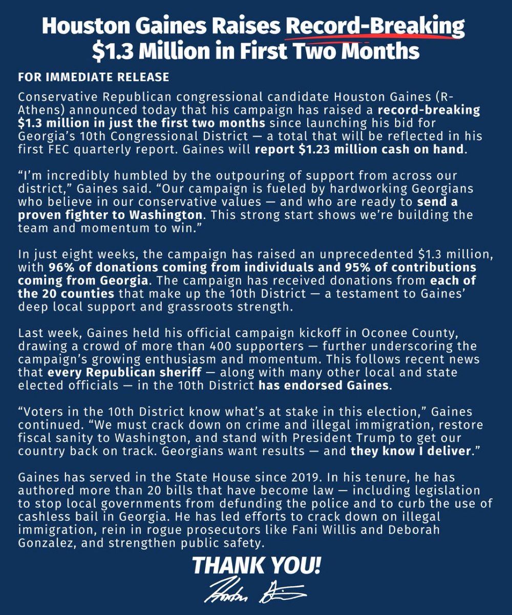 TheCalvinCooli1's tweet image. 🚨New: Georgia GOP Congressional Candidate for the 10th District Houston Gains (@houstongaines) has announced that he has raised $1.3 Million in his first two months