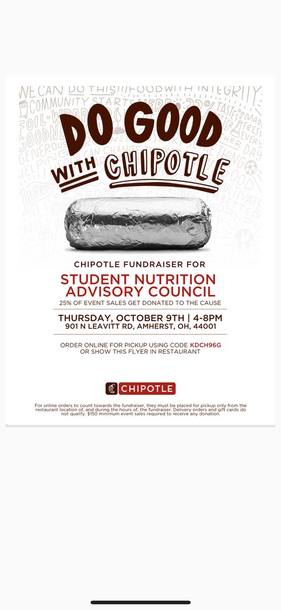 Why cook when you can get Chipotle? 🌯 🥗  🌮 
This Thurs from 4pm-8pm in Amherst, OH.
Please help us raise funds for the Amherst Schools’ Student Nutrition Advisory Council to send a Steele HS student to DC to advocate for school meals!
<a href="/SteelePrincipal/">Joseph R. Tellier</a> <a href="/snaohio/">School Nutrition Association of Ohio</a> <a href="/MrDoehrAP/">Mr. Nick Doehr</a>