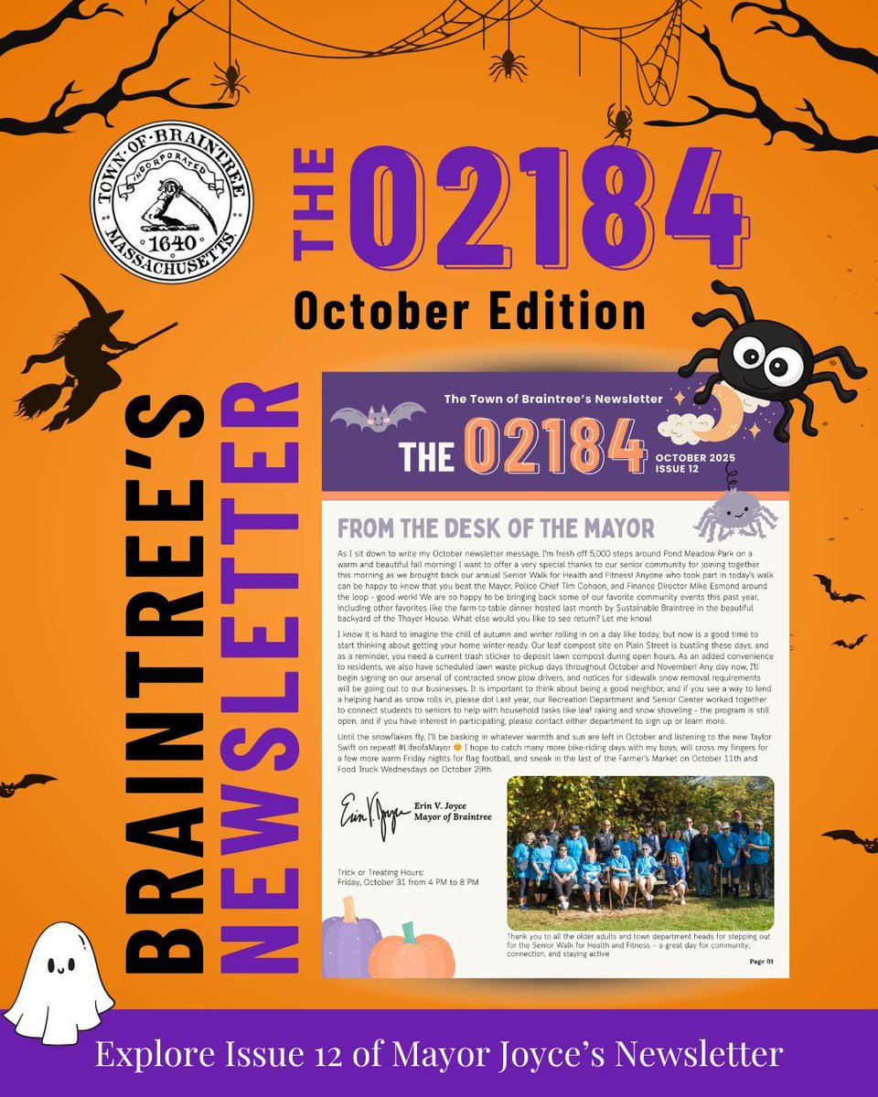 Mayor Joyce is witch-ing you a happy October with the new edition of The 02184! Read the latest issue, braintreema.gov/1248/The-02184