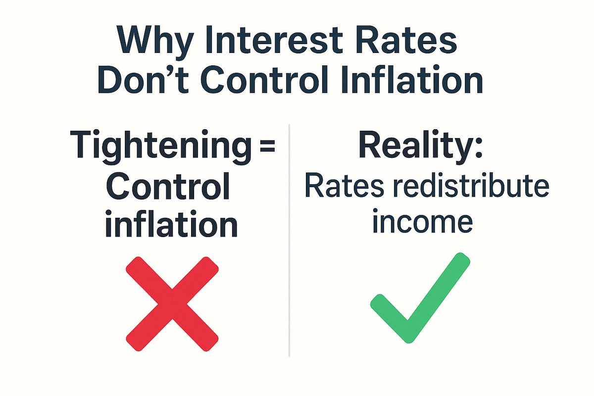 RelearningEcon's tweet image. We&apos;re told central banks fight inflation by raising rates.

But rate hikes don&apos;t &quot;cool&quot; the economy, they just change who gets paid.

So why is it that interest rates don&apos;t actually control inflation. 
🧵1/12