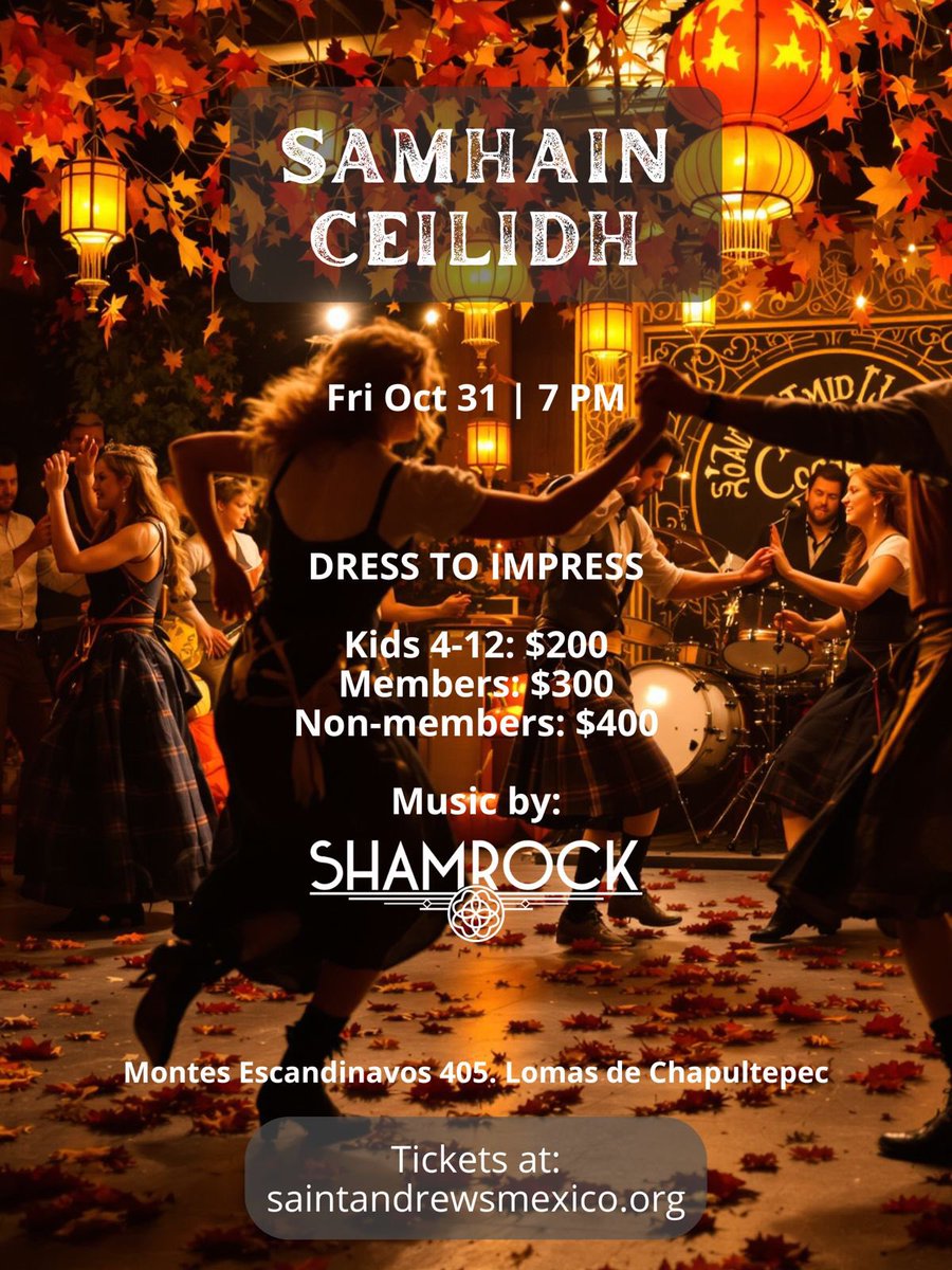 🎶 Join us for the Samhain Ceilidh! 🍂
Live music by Shamrock, dancing, costumes &amp; family fun! 🎭
🕖 31 Oct, 7 PM – Lomas de Chapultepec
🎟️ bit.ly/4q0DKX0

Celebrate Samhain the Scottish way 🏴󠁧󠁢󠁳󠁣󠁴󠁿

#Samhain #Ceilidh #ScotlandInMexico