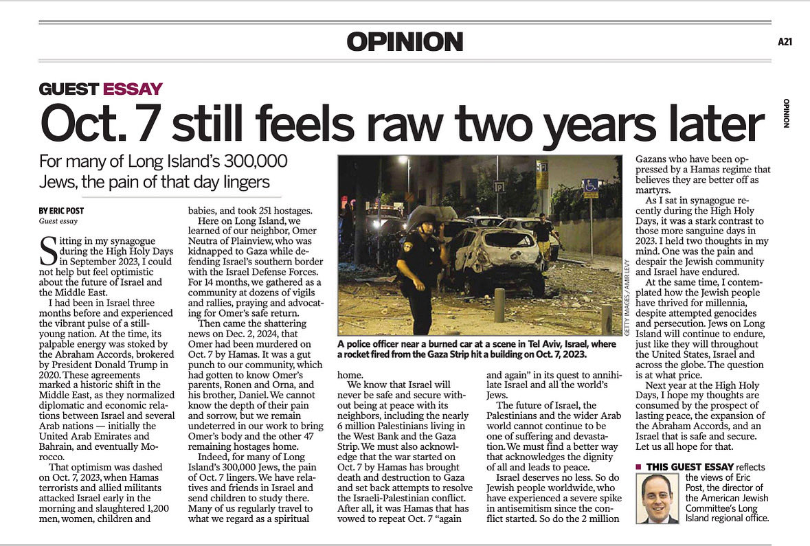 RepLauraGillen's tweet image. Important oped by @AJCGlobal’s Eric Post, highlighting the impact of October 7 on the Jewish community on Long Island.