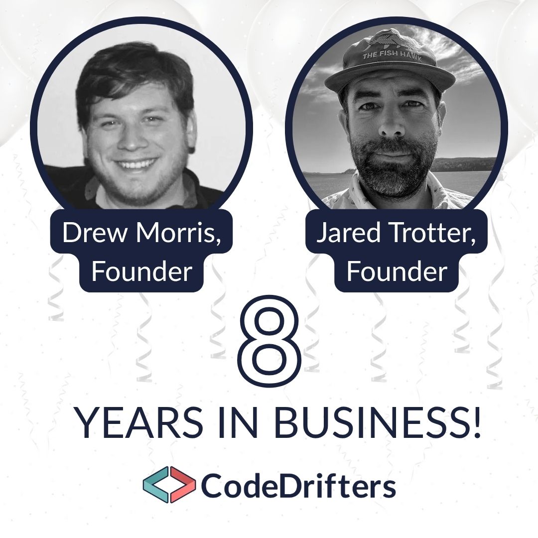 driftersio's tweet image. CodeDrifters is celebrating 8 years in business!
Drew Morris and Jared Trotter co-founded our company in October 2017. Their mission was to build a company that would prioritize the well-being of its team.
Read more: drifters.io/about/
#softwaredevelopment #ITconsulting