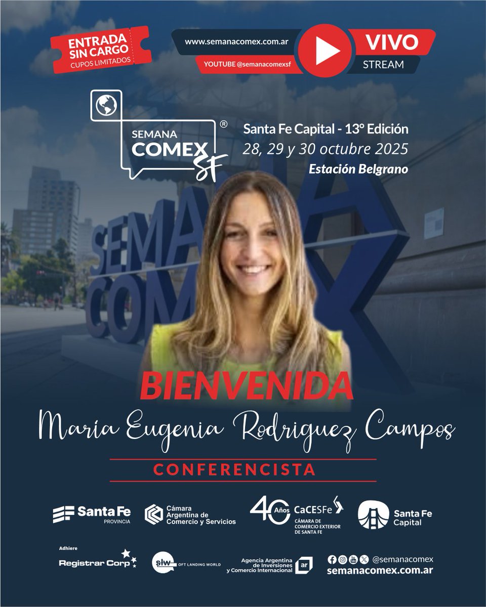 BIENVENIDA MARÍA EUGENIA RODRIGUEZ CAMPOS
📷Te esperamos en nuestra 13º edición con más novedades
📷semanacomex.com.ar
Invitan
@gobsantafe @cacesfe @cacteinforma @santafecapitalok @registrar_corp
@promocionarg @CristianHoffmannok @ecam
#semanacomex