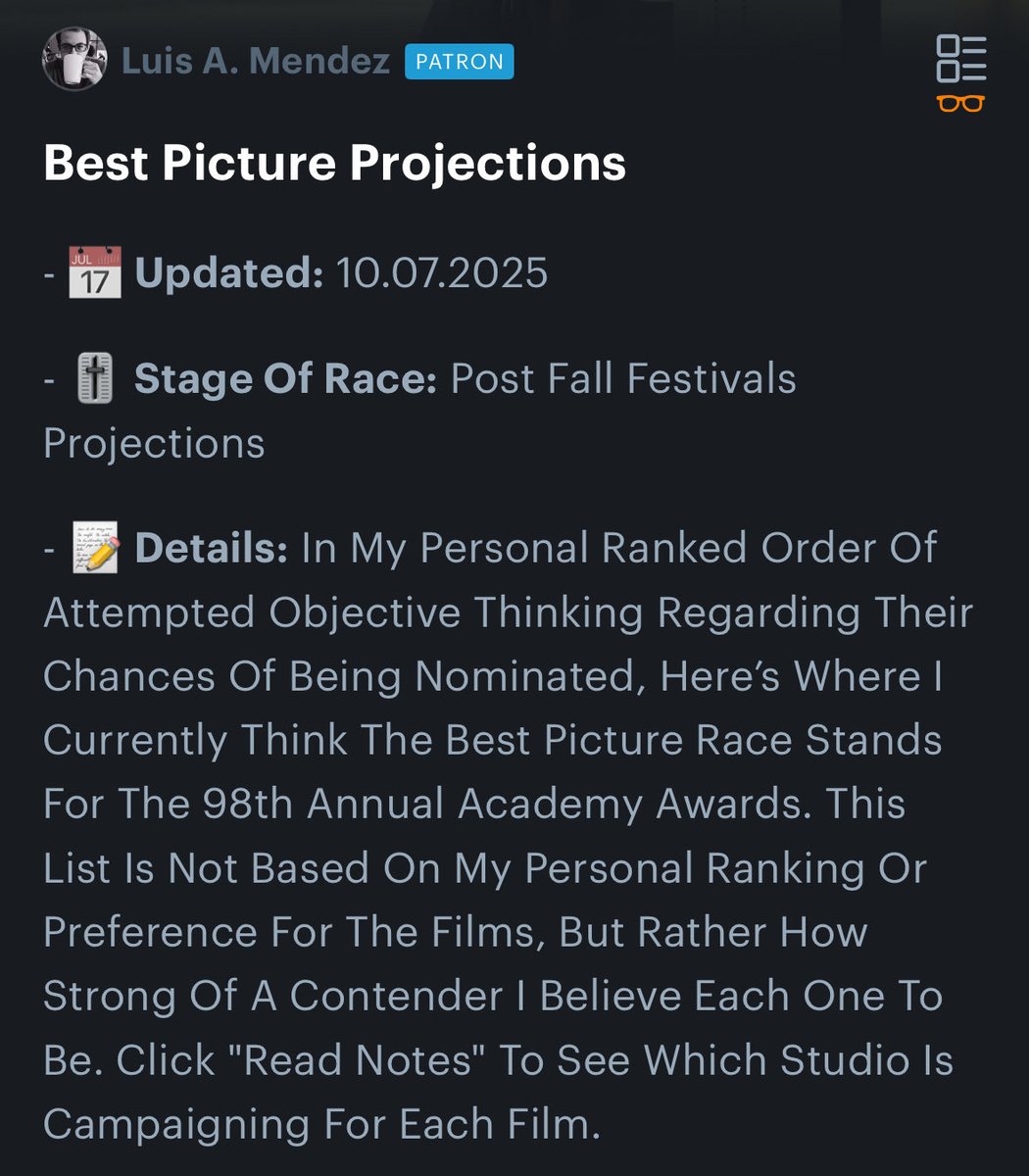 DiscussFilmtwt's tweet image. BREAKING: Guy who has a “Personal Ranked Order Of Attempted Objective Thinking” decides a movie he saw and loved has less of a chance at Best Picture than two movies he hasn’t seen.

Because movies aren’t an art to enjoy anymore, but an idea to bet on.