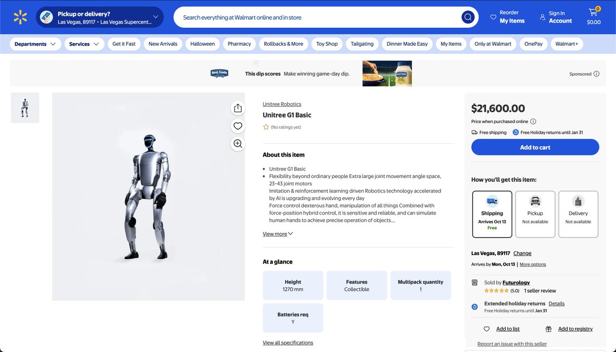 VaderResearch's tweet image. You can now buy robotics company Unitree's flagship humanoid model G1 for $21.6k on Walmart
Humanoids are going mainstream
h/t @geogod42