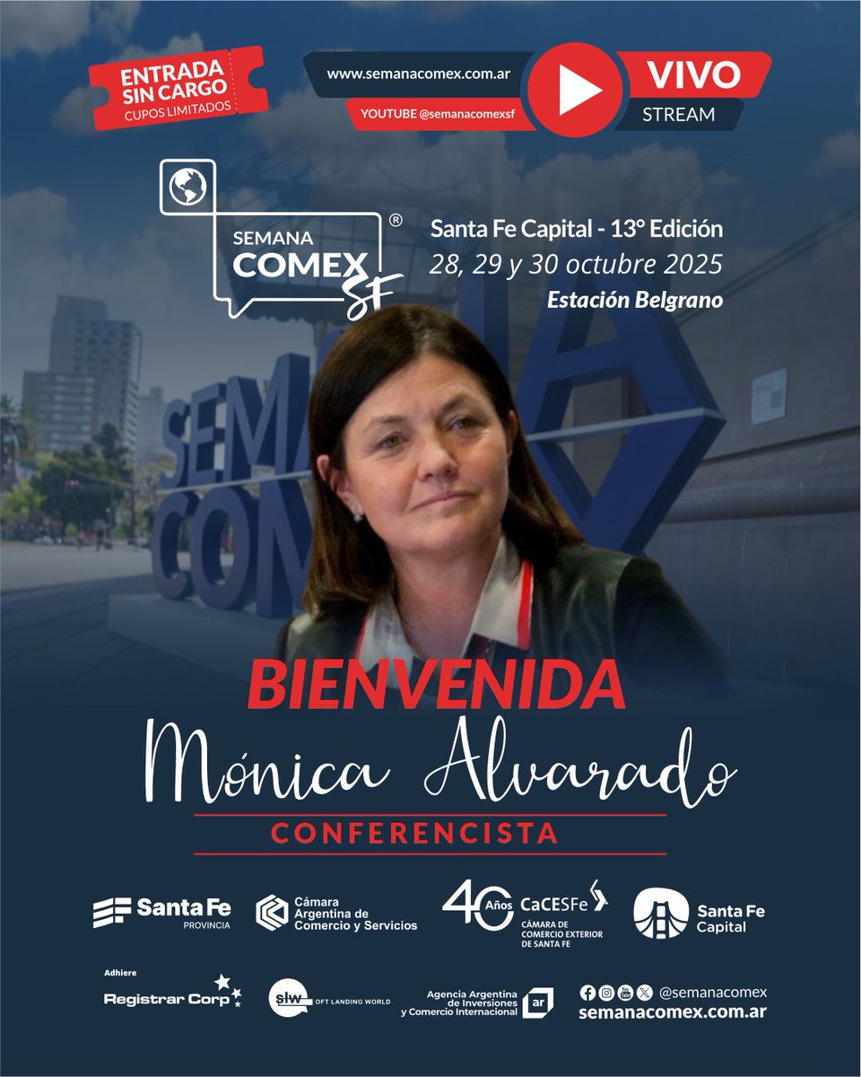 BIENVENIDA MONICA ALVARADO
📷Te esperamos en nuestra 13º edición con más novedades
📷semanacomex.com.ar
Invitan
@gobsantafe @cacesfe @cacteinforma @santafecapitalok @registrar_corp
@promocionarg @CristianHoffmannok @ecam @alvaradomonica
#semanacomex