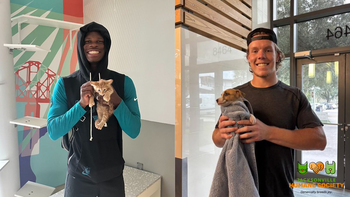 Jax Humane Society (@jaxhumane) on Twitter photo In honor of the <a href="/Jaguars/">Jacksonville Jaguars</a> big WIN last night during <a href="/NFL/">NFL</a> MNF, we're sharing our local heroes, <a href="/TravisHunterJr/">Travis Hunter</a> and <a href="/HunterLong/">Hunter Long</a> . Travis fostered and adopted a kitten (Uno) this summer, and last week Hunter rescued 2 puppies (Jaxson & Champ) from the side of the road. #DUUUVAL In honor of the <a href="/Jaguars/">Jacksonville Jaguars</a> big WIN last night during <a href="/NFL/">NFL</a> MNF, we're sharing our local heroes, <a href="/TravisHunterJr/">Travis Hunter</a> and <a href="/HunterLong/">Hunter Long</a> . Travis fostered and adopted a kitten (Uno) this summer, and last week Hunter rescued 2 puppies (Jaxson & Champ) from the side of the road. #DUUUVAL
