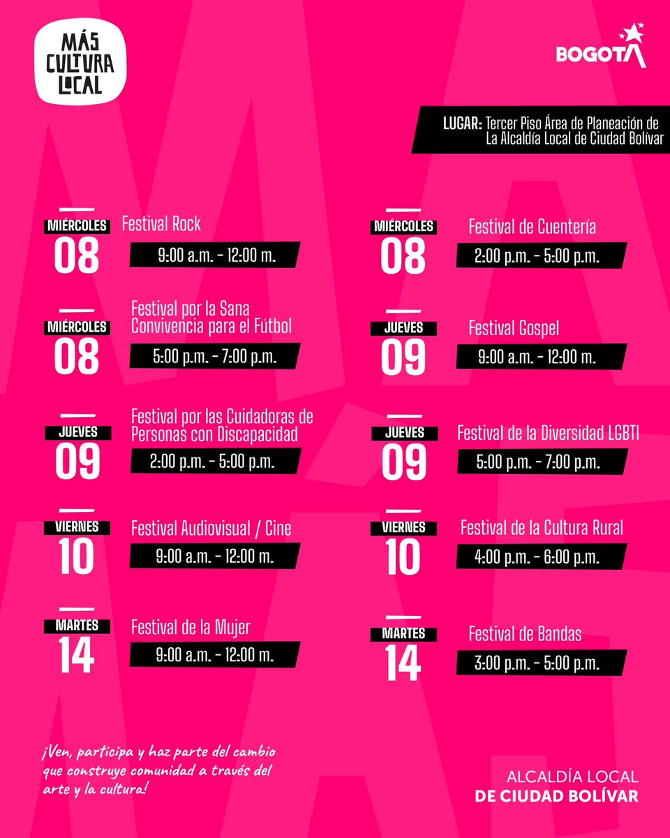 🎭 ¡La cultura sigue creciendo en Ciudad Bolívar!
Desde la Alcaldía Local de Ciudad Bolívar y el programa #MásCulturaLocal, te invitamos a participar en las mesas locales, un espacio de diálogo, participación y construcción colectiva para fortalecer los procesos culturales.