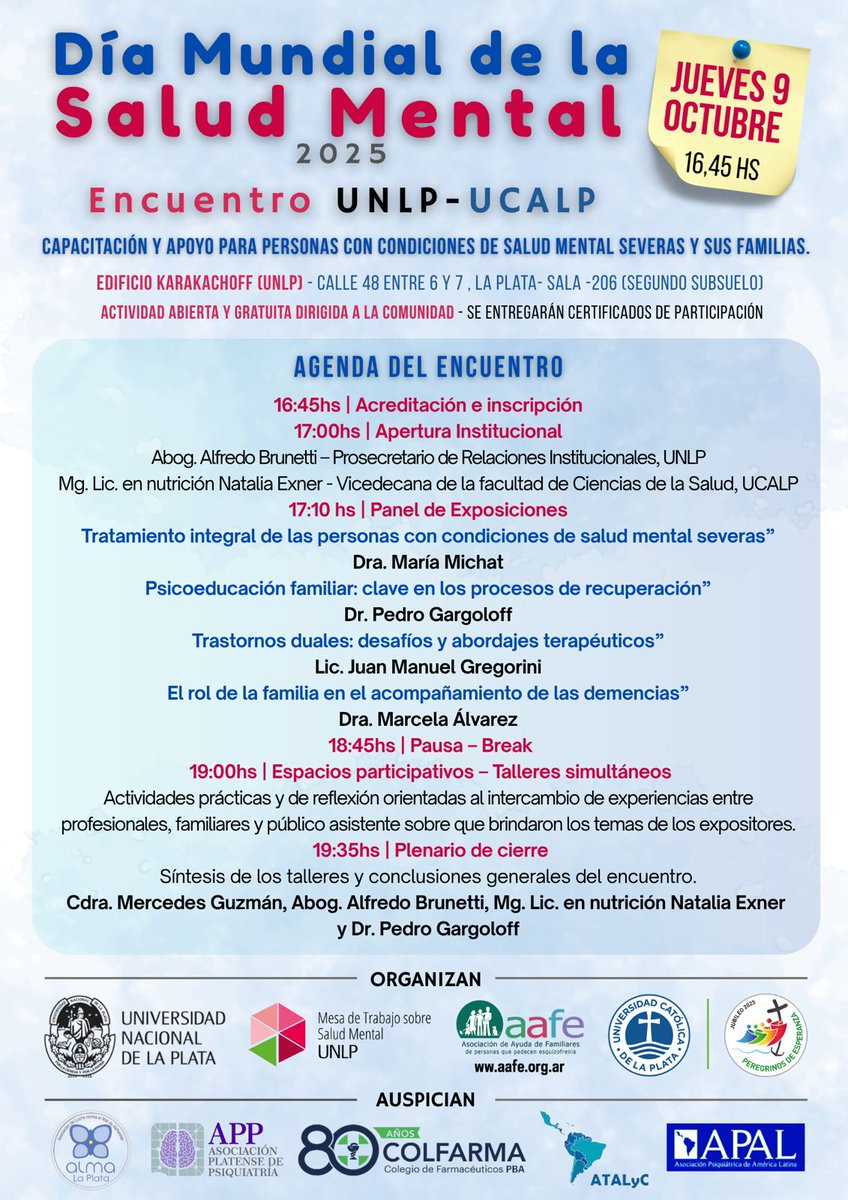 Desde la Mesa de Trabajo sobre Salud Mental de la <a href="/unlp/">UNLP</a>, conmemoraremos el Día Mundial de la Salud Mental.
unlp.edu.ar/institucional/…
Agradecemos la participación y difusión. ❤️🙌