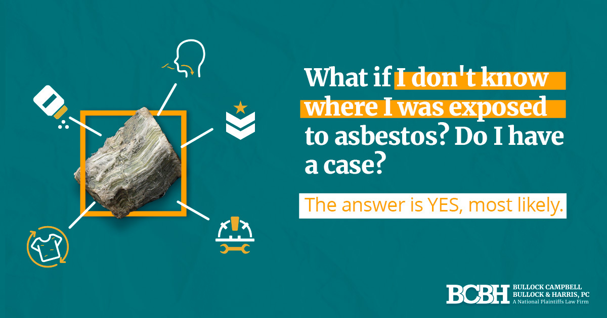 BCBHLAW's tweet photo. "I don't know where I was exposed to asbestos. Do I have a case?"
YES! That's why you need experienced asbestos lawyers like BCBH Law. We investigate &amp; reconstruct exposure history, locate witnesses &amp; build evidence. Don't let uncertainty stop you from seeking justice. #BCBHLaw https://t.co/ufCn78KyPq