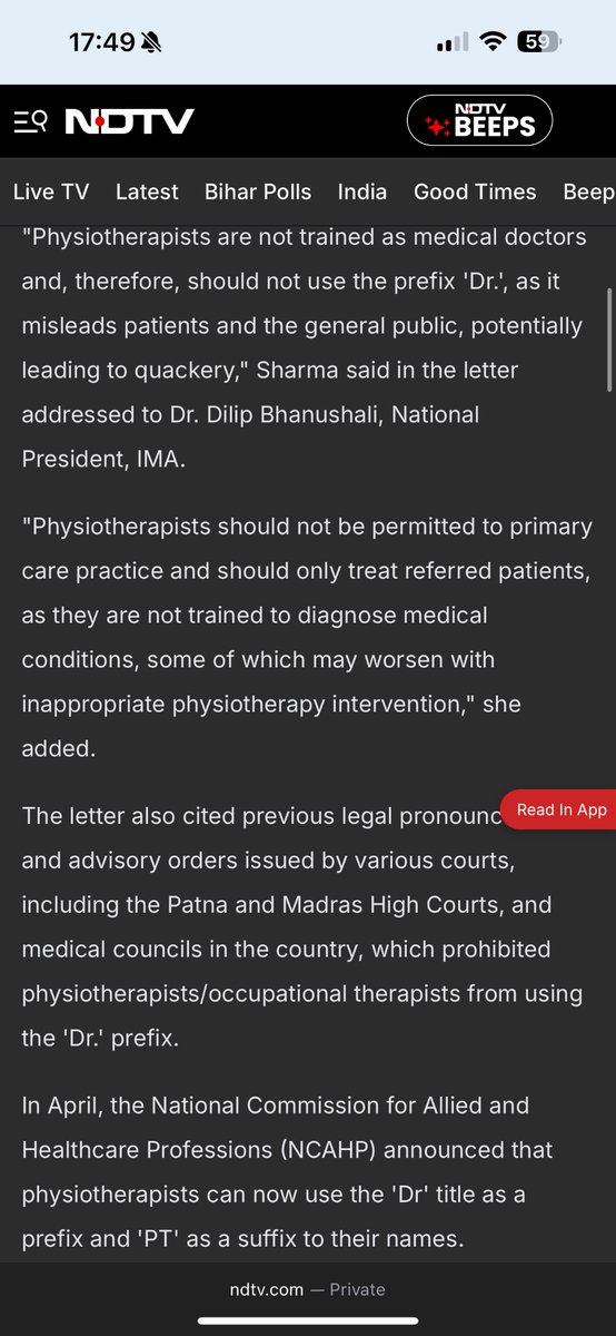 Megsenmumdr's tweet image. In news from India,
Physios started using Dr title after their own Association decided they can🤦🏽♀️
(They practice physio though)
Recent Govt directive said they cant But this now put on hold due to backlash from Physios as it”affects their professional identity”
Sounds familiar?
