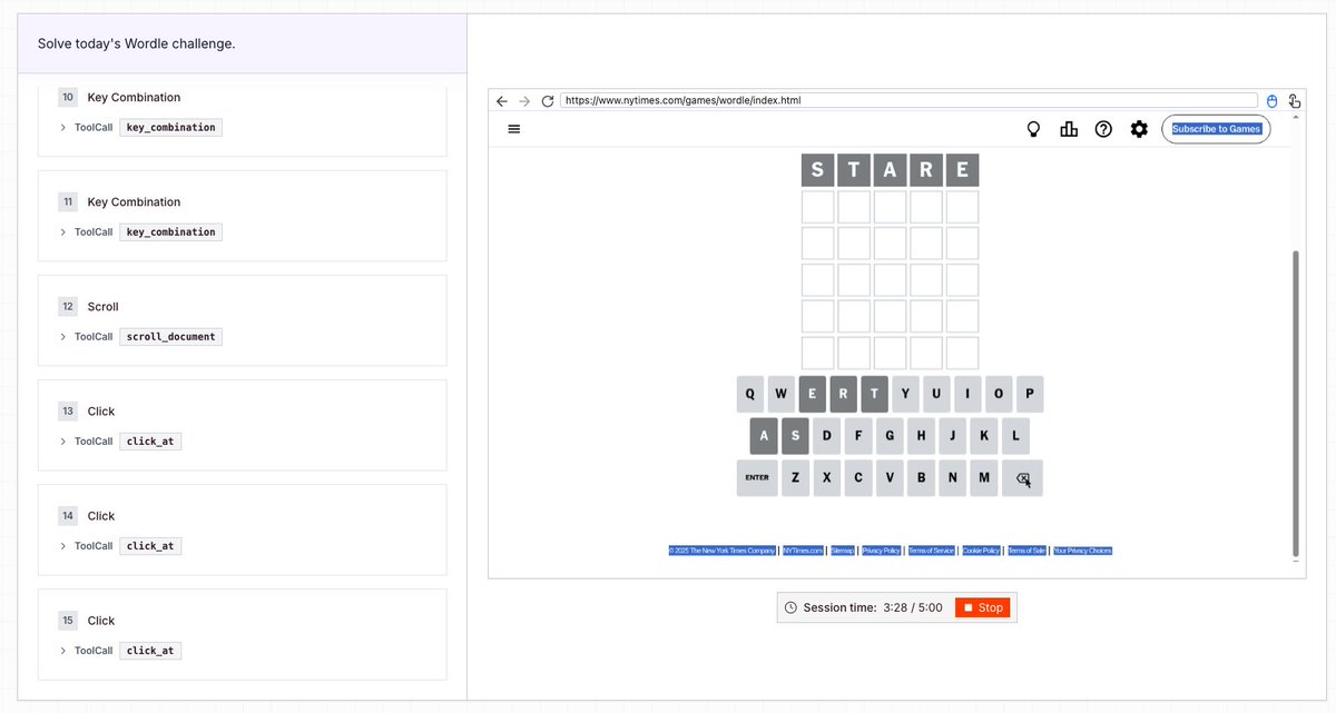 Not gonna lie, a little disappointed with the @browserbasehq Gemini computeruse's attempt at today's Wordle.