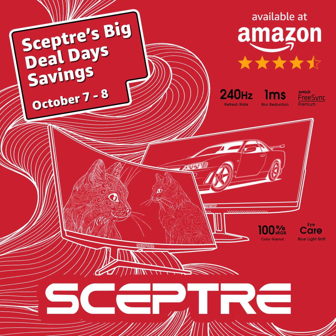 SceptreDisplay's tweet image. 💥 Upgrade time? Don’t sleep on these Big Deal Days steals! 👀 Sceptre monitors are calling your setup’s name. 
amzn.to/4lWr6oL
#PrimeBigDealDays #SceptreDisplay #Gamingmonitor