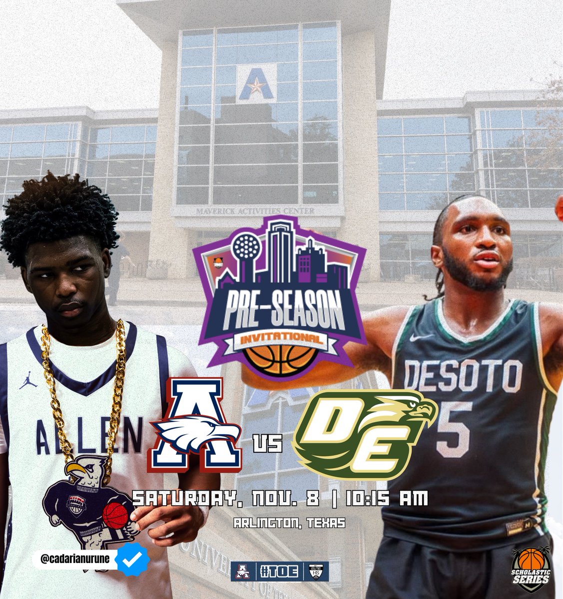 Allen (TX) Basketball ๐ (@alleneaglebball) on Twitter photo โ๏ธ๐๏ธ๐ Allen vs. DeSoto in Arlington November 8th <a href="/ScholSeries/">Scholastic Series</a> ยป our first official exhibition of the season!
#TOE โ๏ธ๐๏ธ๐ Allen vs. DeSoto in Arlington November 8th <a href="/ScholSeries/">Scholastic Series</a> ยป our first official exhibition of the season!
#TOE