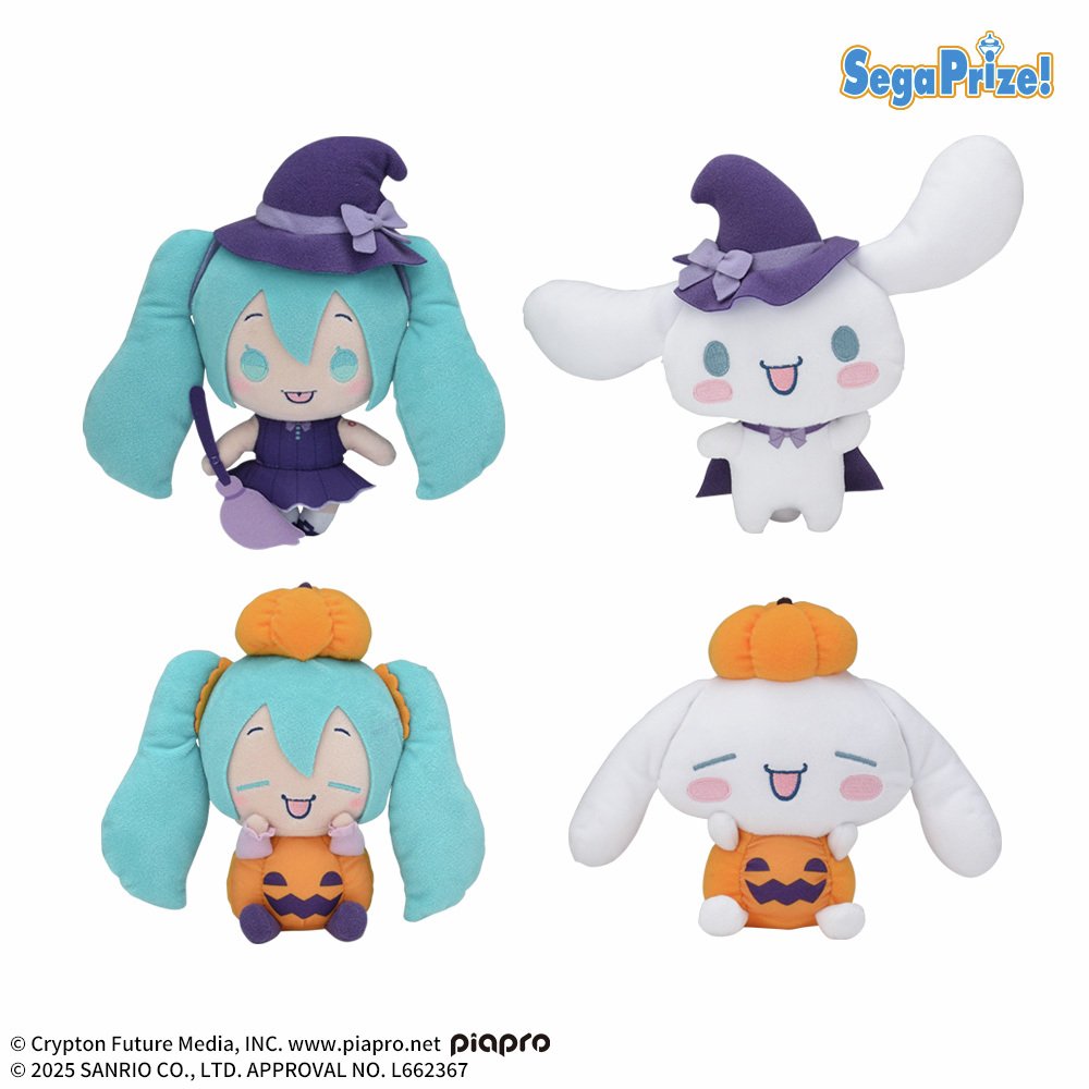 Foram anunciados plushies de Halloween extremamente fofinhos da Miku e do Cinnamoroll!! 😭😭🩵🩵🩵🩵🩵

segaplaza.jp/prize/B122227/