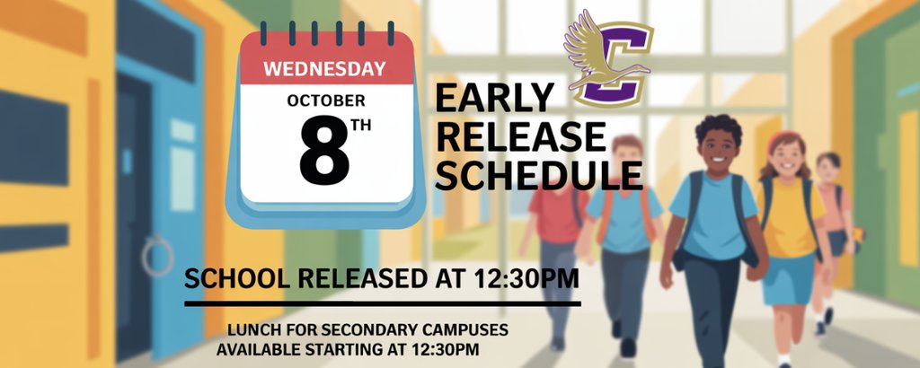 CraneElementary's tweet photo. Reminder: All Crane ISD campuses will have Early Release tomorrow at 12:30pm.  Elementary students will eat lunch during the school day, and lunch will be available for secondary students starting at 12:30pm in the cafeteria. https://t.co/q8vpFDeCpV