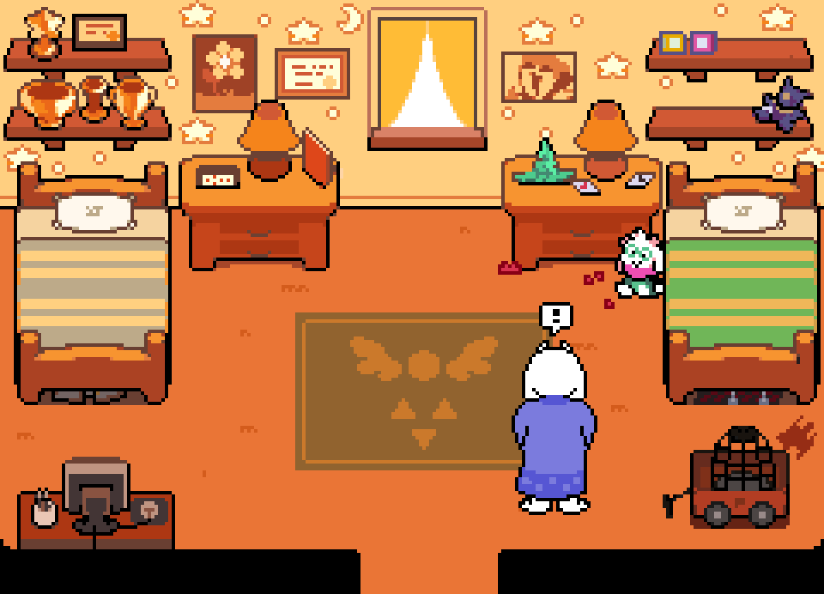 Decorated Kris' side of the room
 · ─ ·✶· ─ · ·· · ─ ·✶· ─ · ·· · ─ ·✶· ─ · 
* Board game pieces are scattered across the room. 
* A hat made out of leftover cloth sits beside the lamp.
#utdr #deltarunefanart #krisdreemurr
