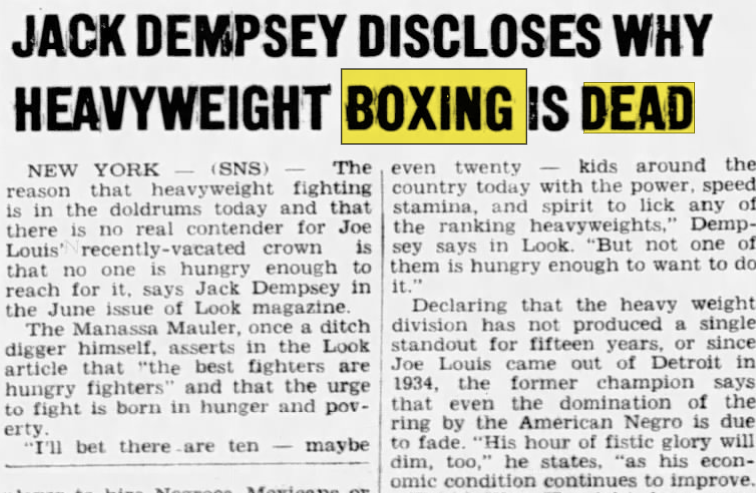 Atlanta Daily World, May 1949 (!) wherein Dempsey blames boxing's "woes" on the G.I. Bill.