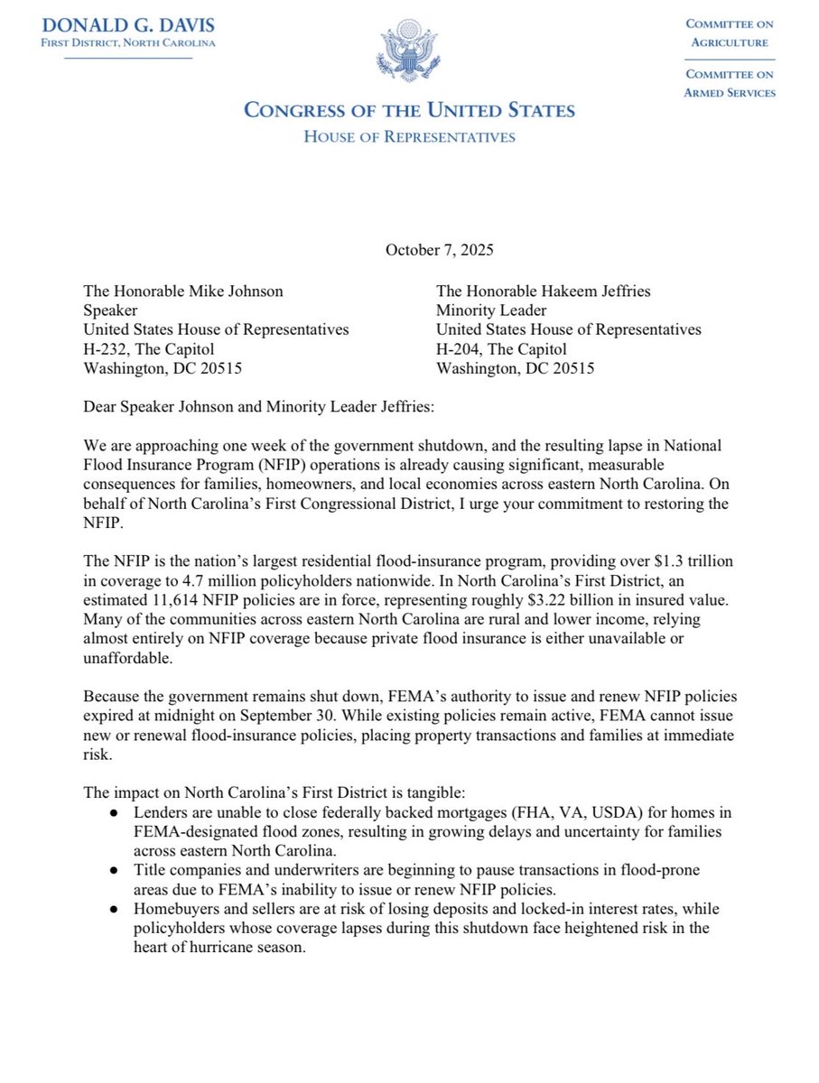 RepDonDavis's tweet image. The National Flood Insurance Program is the largest residential flood-insurance program in the country. In NC-01, there are an estimated 11,614 policies in effect through the program, covering about $3.22 billion in insured value.

Homebuyers, sellers, and small businesses face…