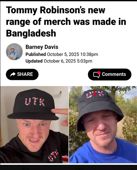 BladeoftheS's tweet image. Tommy Robinson hates Muslims, gets all his merch made in Bangladesh which is 91% Muslim.

It&apos;s not a paradox, he is a filthy little grifter and the money is all he cares about.
