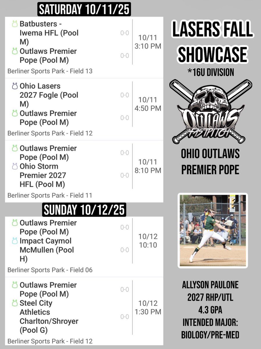Here’s our tournament schedule for this weekend with field numbers! <a href="/outlawspope16U/">Outlaws Premier 16U Pope</a>